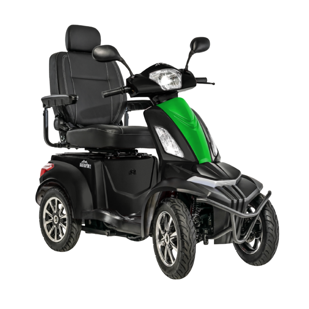 The Pride Baja® Raptor® 2 Bariatric 4-Wheel Scooter features a stylish black body with a green front panel, padded seat and armrests, handlebars, headlights, and large tires—ideal for outdoor mobility.